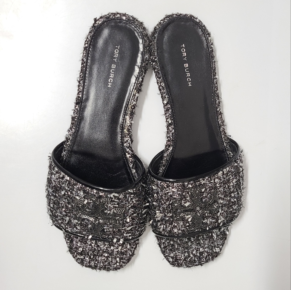 Tory Burch Eleanor Slide Sandals Pavé Logo Silver Confetti/Perfect Black Sz 8 - Picture 5 of 14